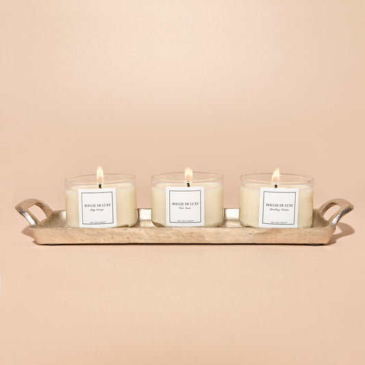 Lit sample trio on gold tray