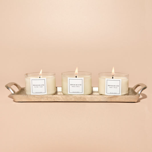 Lit sample trio on gold tray