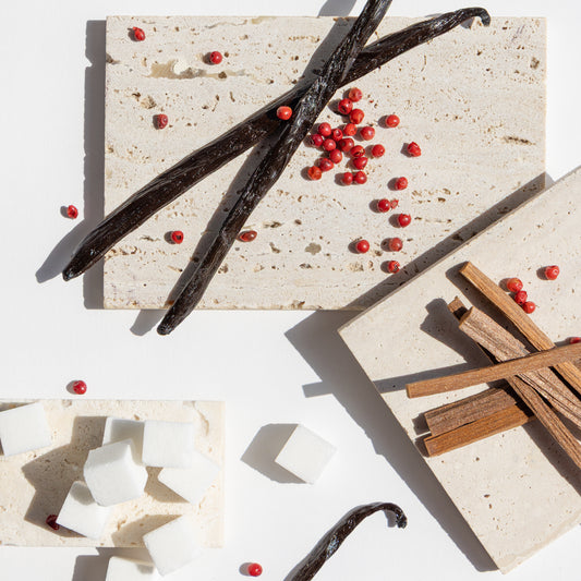 Vanilla beans, red peppercorns, and cinnamon sticks on a light stone surface.