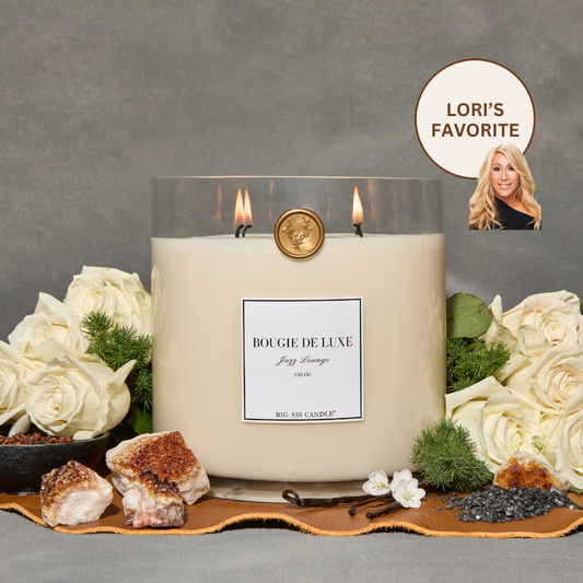 Big Ass Luxuries Jazz Lounge candle, clean-burning coconut soy wax with spiced clove, tobacco leaf, patchouli, rose, oud, and vanilla amber for a smoky lounge fragrance.