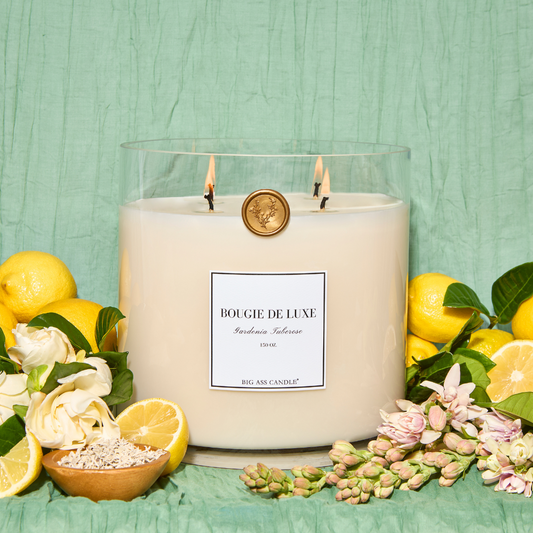 Big Ass Luxuries Gardenia Tuberose candle, organic clean-burning coconut soy wax with notes of lemon, jasmine, tuberose, and powdery green florals.