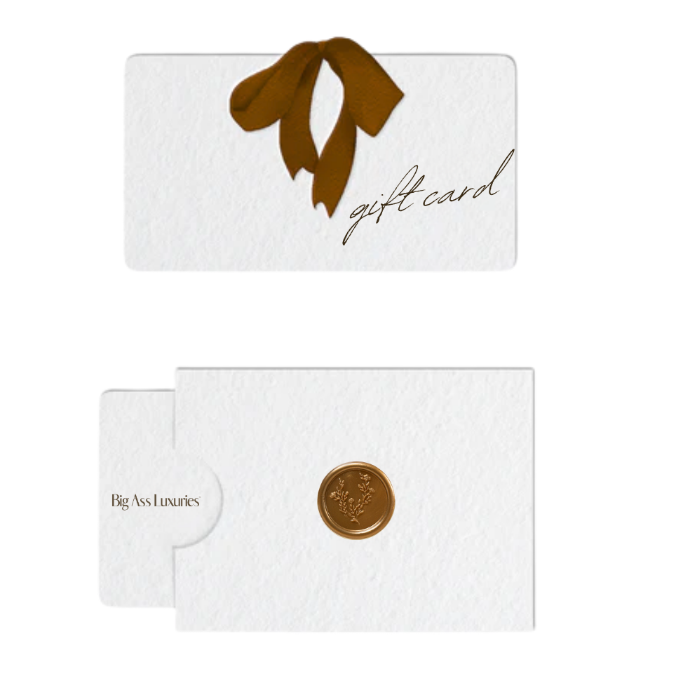 Gift card with brown bow and 'Big Ass Luxuries' branding on a white background