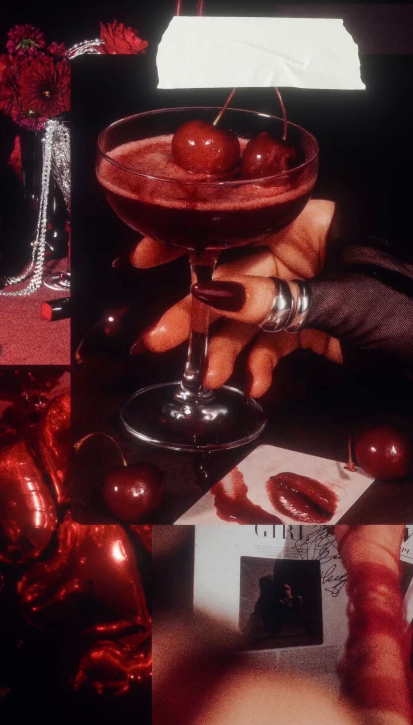 Collage of a dark red cocktail with cherries, a hand holding the glass, and other elements.